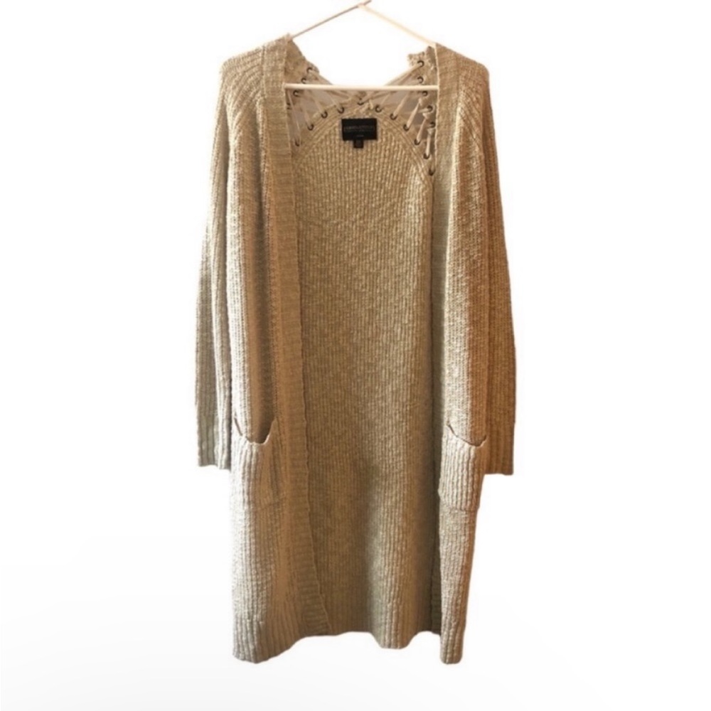 Neutral Knit Laced Shoulder Duster Cardigan Long Open Front Fall Boho Grunge XS